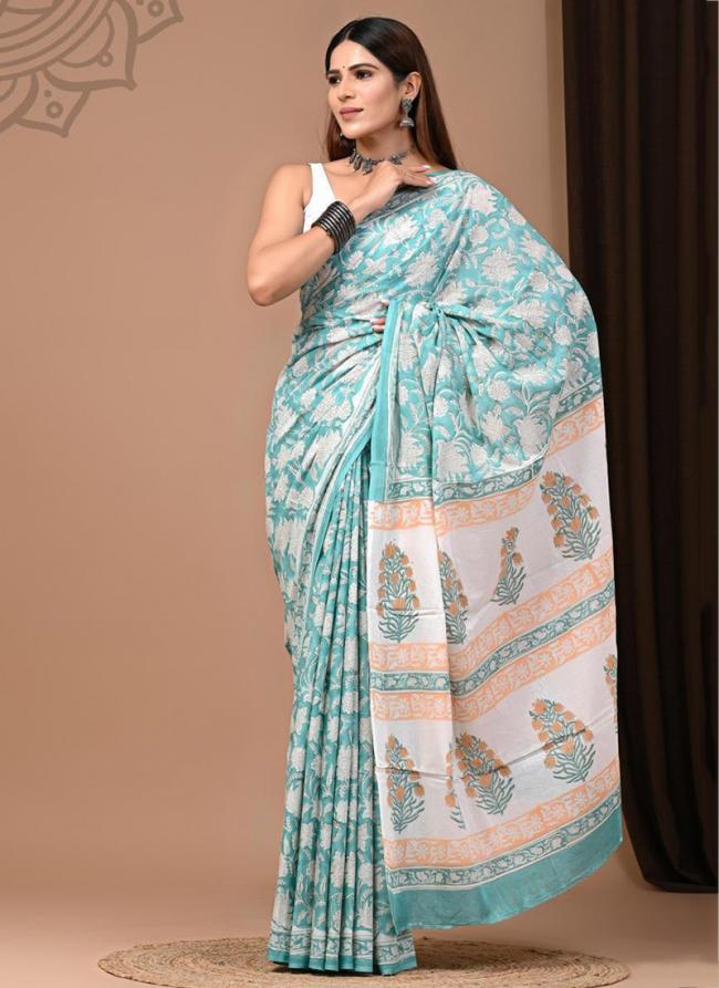 Cotton Sky Blue Daily Wear Printed Saree